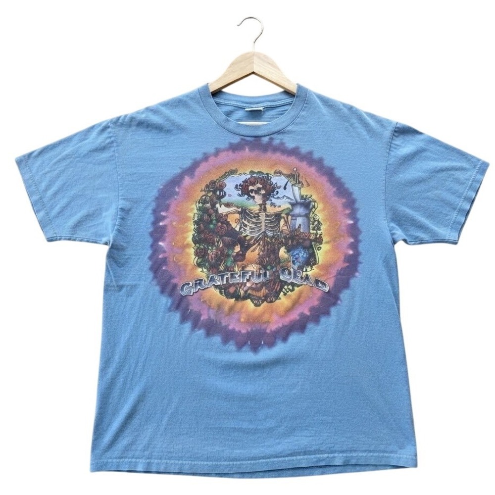 Liquid Blue Grateful Dead Bertha Skeleton Roses Tie Dye Graphic T-Shirt Blue L
